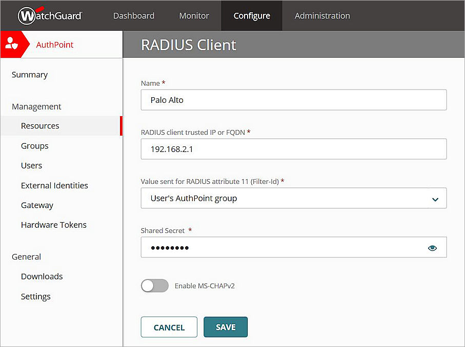 Screenshot that shows the RADIUS client resource settings in AuthPoint.